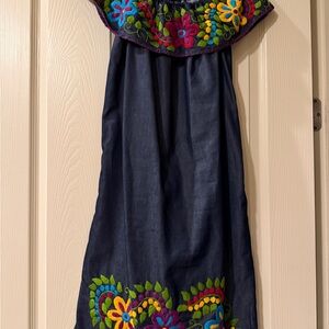 Embroidered denim dress, can be worn off the shoulder - Multicolor Floral Design